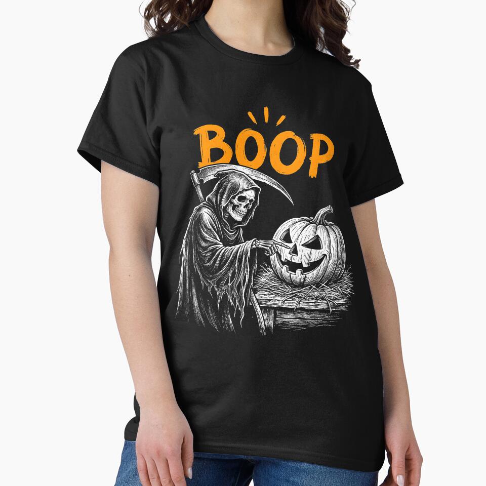 Vintage Halloween Grim Reaper Pumpkin Boo Retro Halloween Shirt by ArcaneArtistry