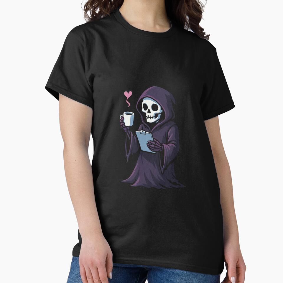 "Grim Reaper Coffee Break – Cute Skeleton with Steam Heart" by ColorSplash123