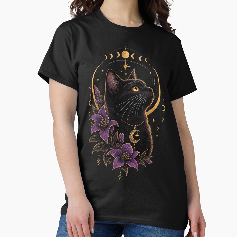 Mystical Black Cat Purple Flowers Moon Magic by PopNInk