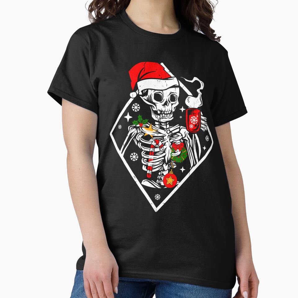 Funny Vintage Christmas Skeleton With Smiling Skull Drinking Coffee Latte Hot Cocoa Lover by GraphifyArt