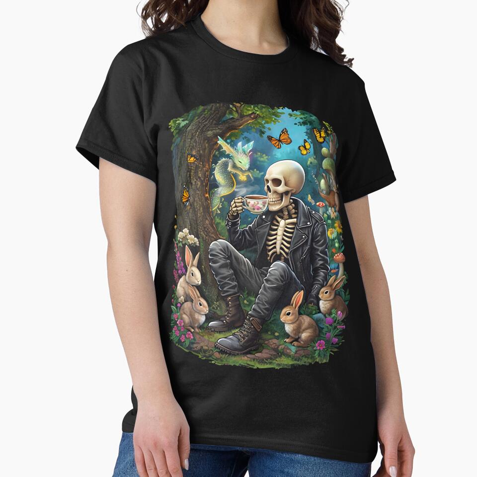 Skeleton enjoys coffee amid tranquil forest animals by PrettyDecor