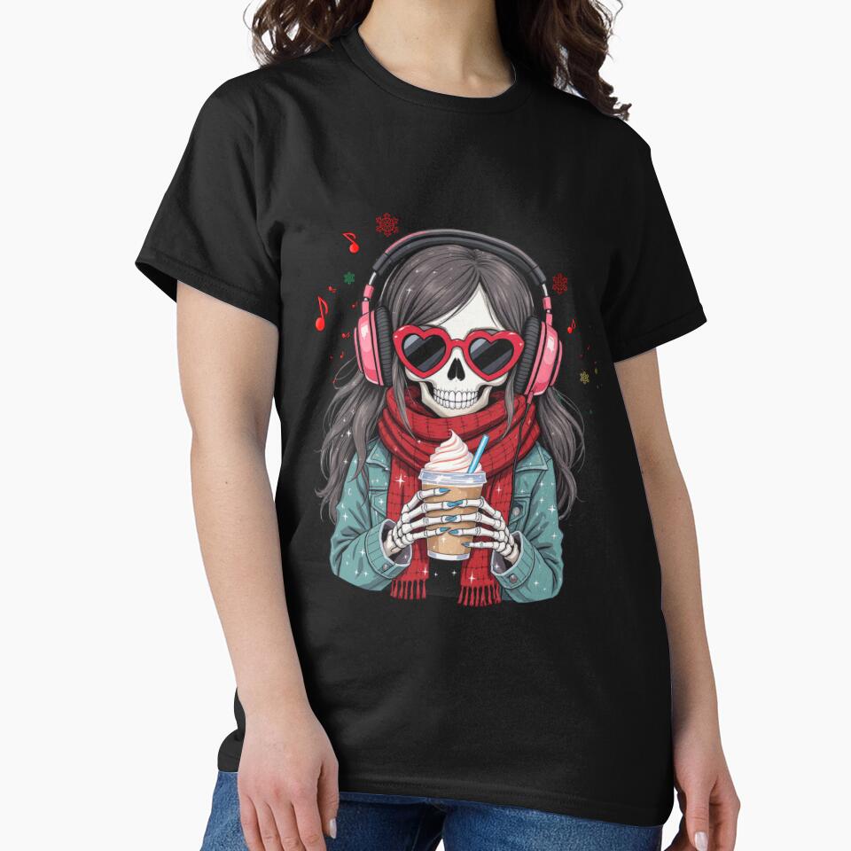Coffee, Music & Chill Skeleton Girl | Cute Gothic Christmas Art by ColorSplash123