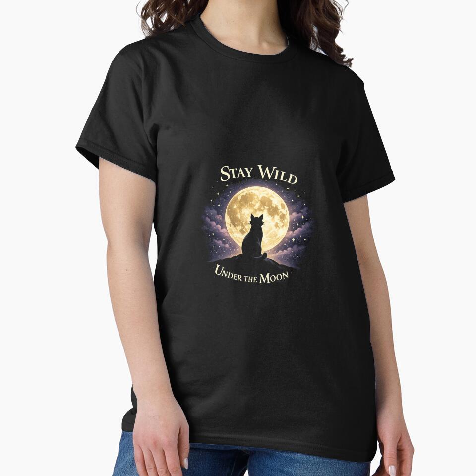 Stay Wild Under the Moon – Moon Cat Silhouette Aesthetic T-Shirt for Cat Lovers by Cozy Cat Collective