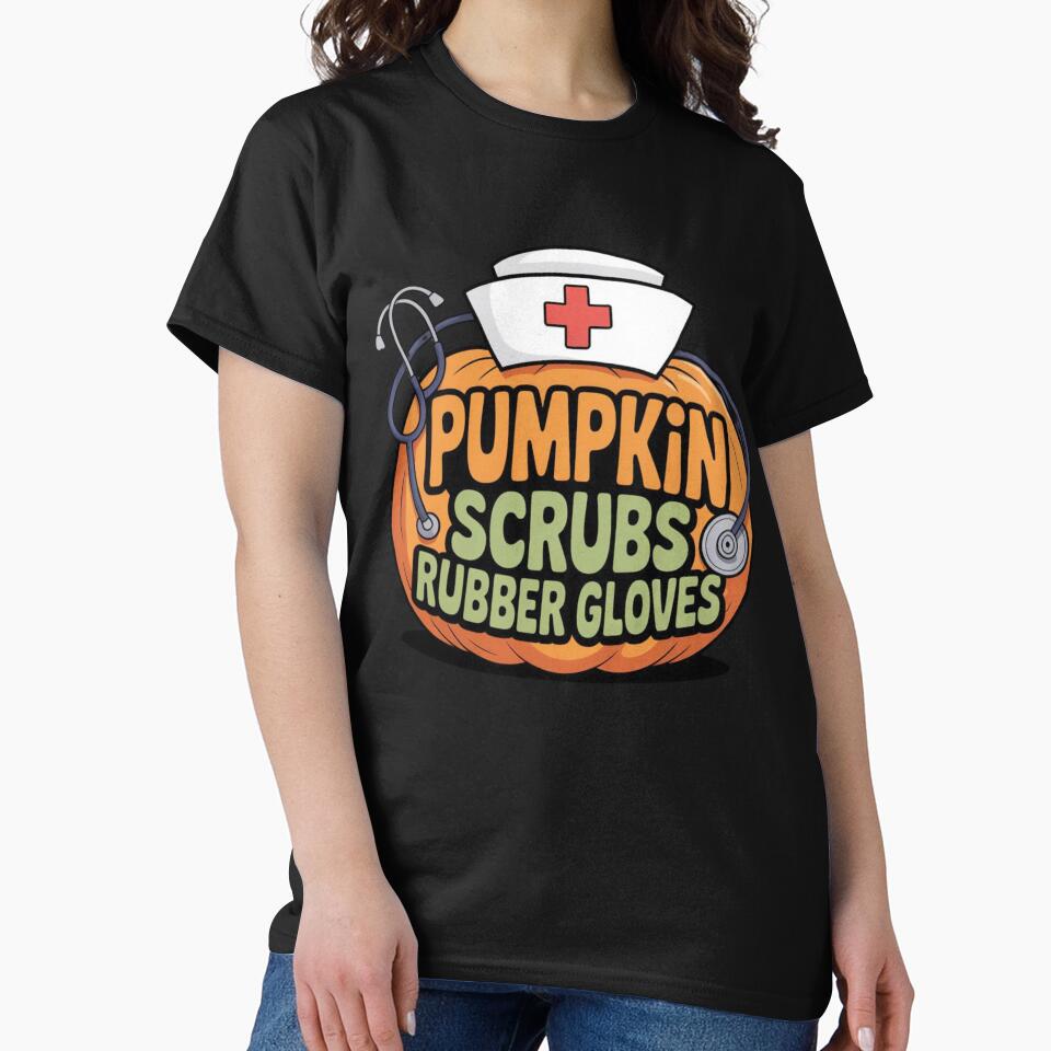 Pumpkin Scrubs Rubber Gloves Halloween Costume Nursing Nurse by Dabbing Turtle Designs