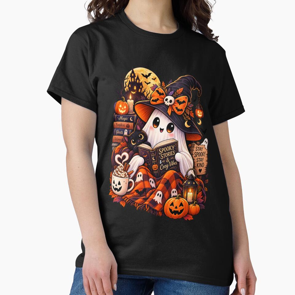 Spooky Stories and Cozy Vibes Cute Ghost Reading Book Halloween T-Shirt by WildPeak Threads