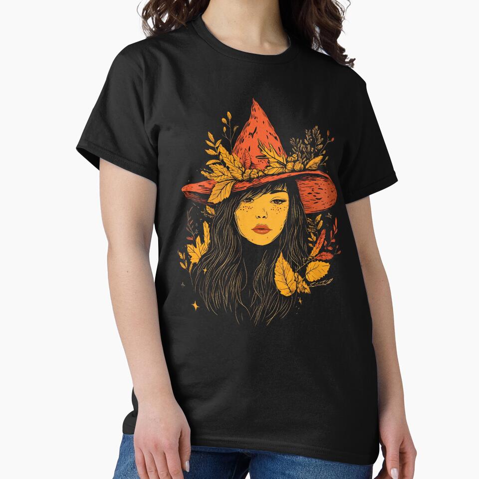 Cute girl, wearing an orange pointed hat decorated with floral ornaments, autumn mood, spooky season t-shirt by katerynaS99