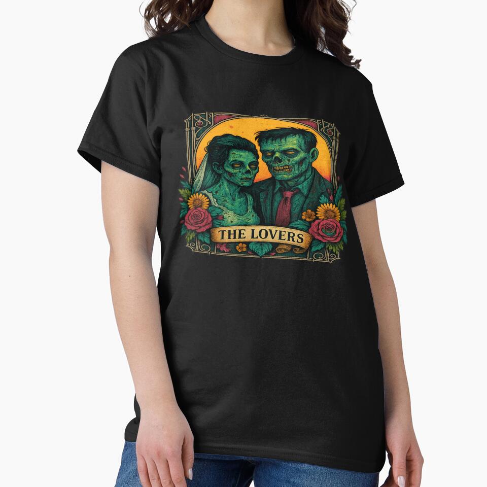 Zombie Lovers Tarot Card T-Shirt | Gothic Horror Couple Tee | Undead Bride & Groom Graphic Shirt | Halloween Gothic Romance Gift by POD DYNASTY | Original Print On Demand T-Shirt Graphics