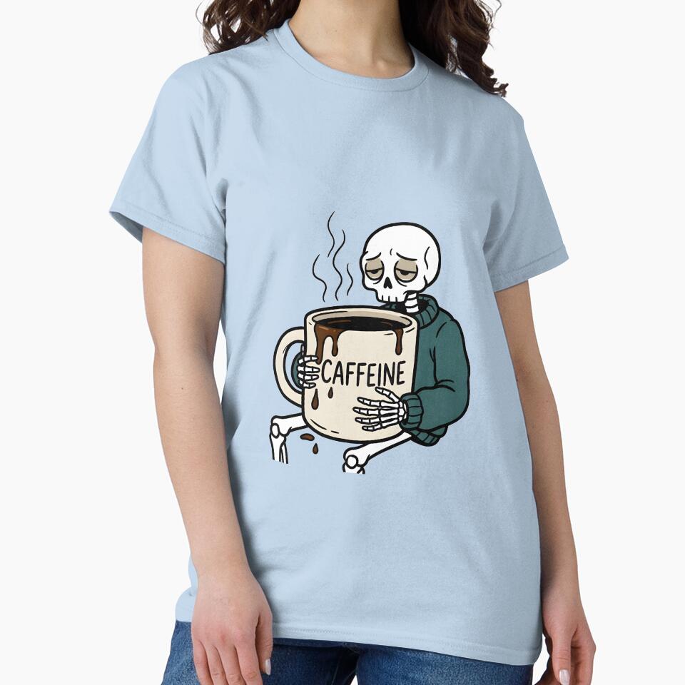Tired Skeleton Coffee Design – “Caffeine” Mug Graphic | Funny Dark Humor Coffee Lover Art by Raw Tigers