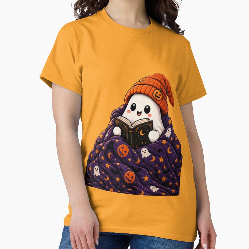 Cute Halloween Ghost Reading Book Cozy Spooky Autumn Design by GRYFFWEAR