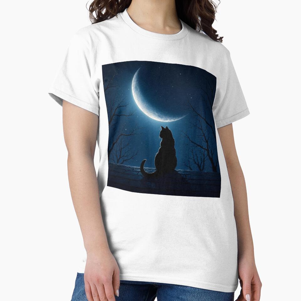 Black Cat Under Crescent Moon | Mystical Night Sky Gothic Cat Art by AbstractAuraArt