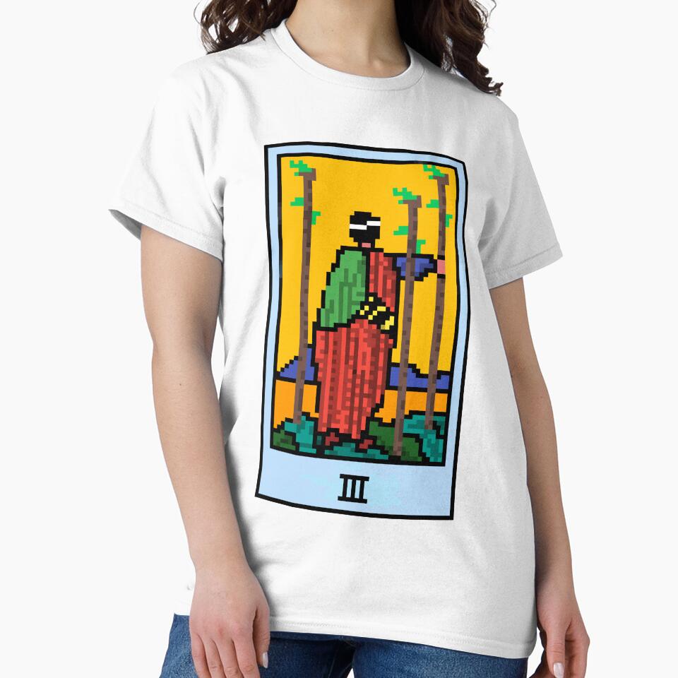 Wait, is this pixel art tarot? Yellow - Minor Arcana 'Three of Wands' (Design for T-shirt, stickers and other accessories) by Pixel Waite