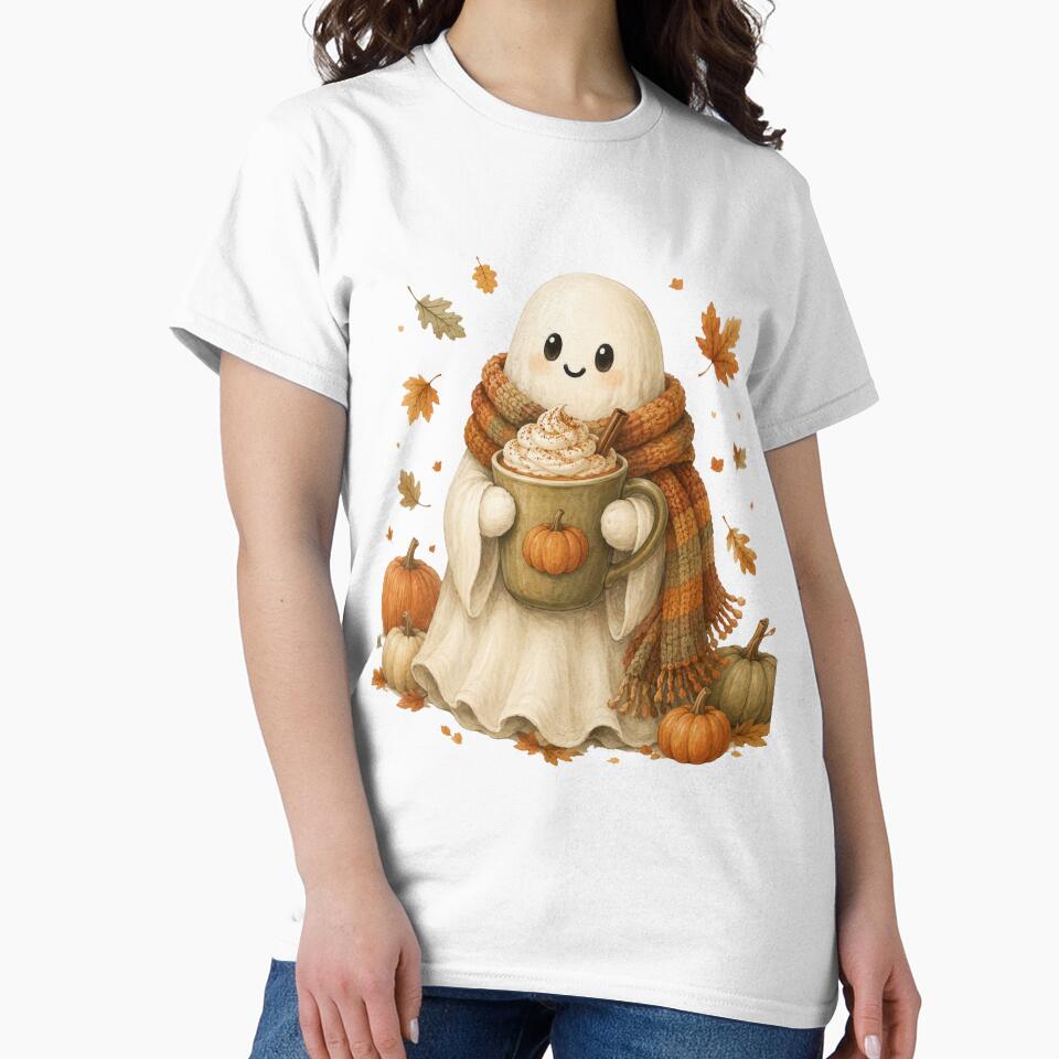 Cute Ghost with Pumpkin Coffee | Cozy Halloween Autumn Art by CreatedbyKandJ
