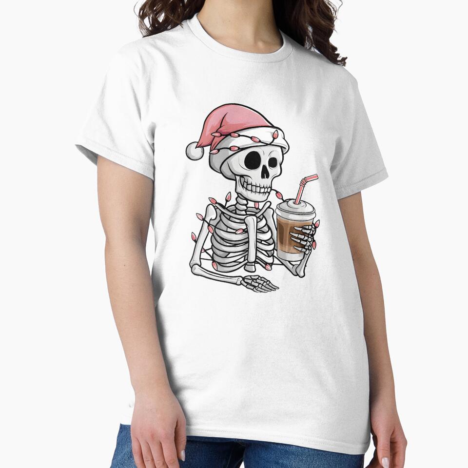 Skeleton Drinking Ice Coffee with Christmas Lights Pastel Santa Hat by clothesy7