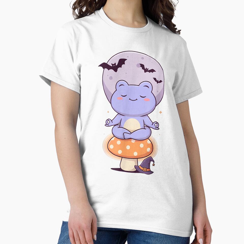 Cute Meditating Frog on Mushroom Moon Halloween by VioletNance