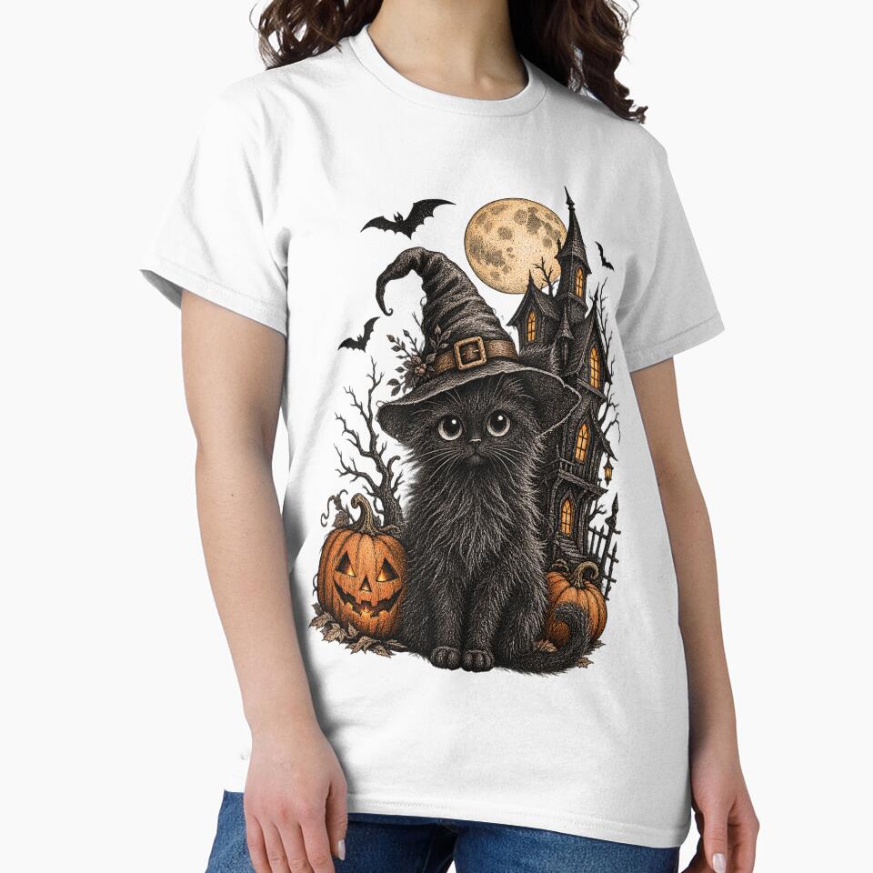 Mystical Black Cat Halloween Haunted Forest Pumpkin Moon Bats Vintage by SOUFIANE1991