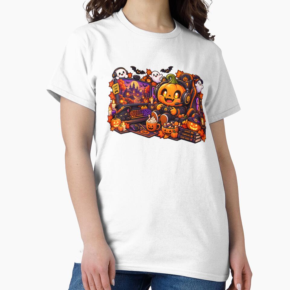 Cute Halloween Pumpkin Gamer T-Shirt  Spooky Jack-O-Lantern Gaming Setup with Ghosts, Black Cat & Candy by FestivityFinds