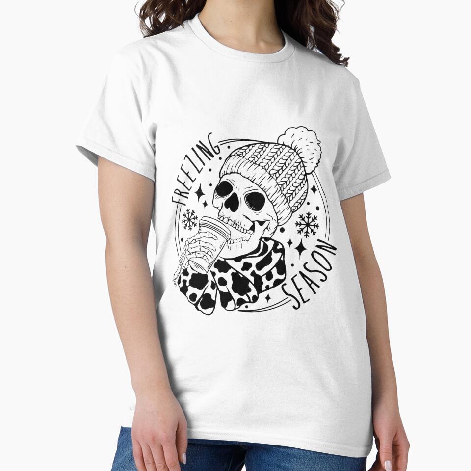 Freezin Season Skeleton Coffee Graphic Tee, Hoodie & Home Decor, Funny Winter Coffee Lovers Gift by Compass and a Camera