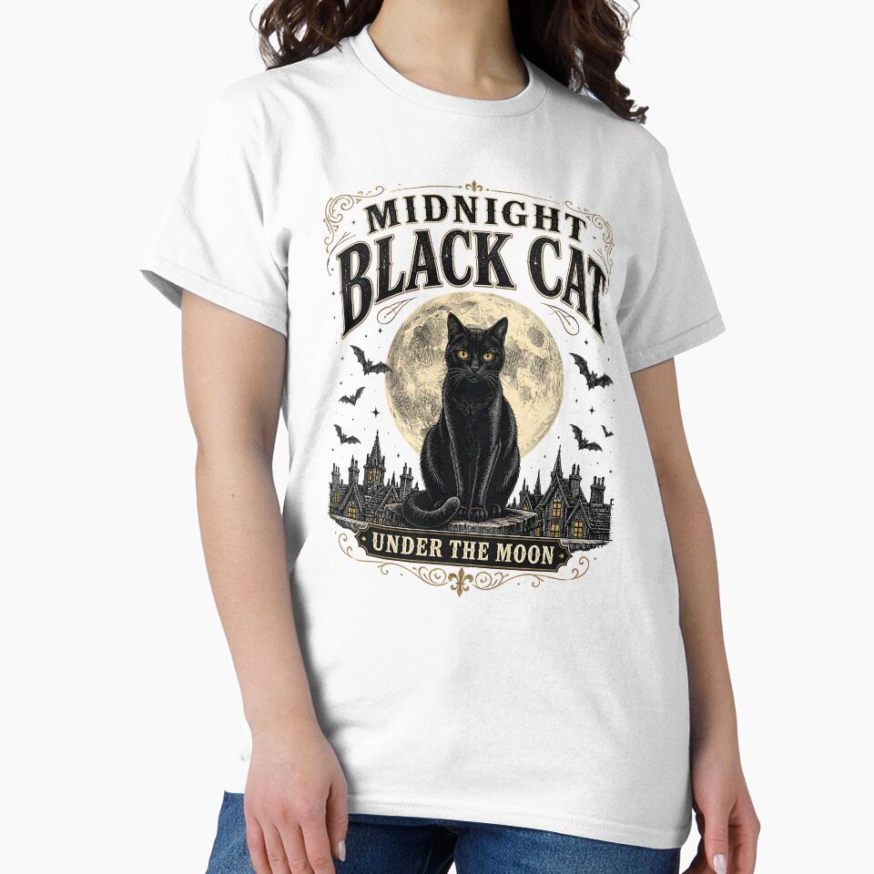 Midnight Black Cat Under the Moon Vintage Engraving by RoyesButler