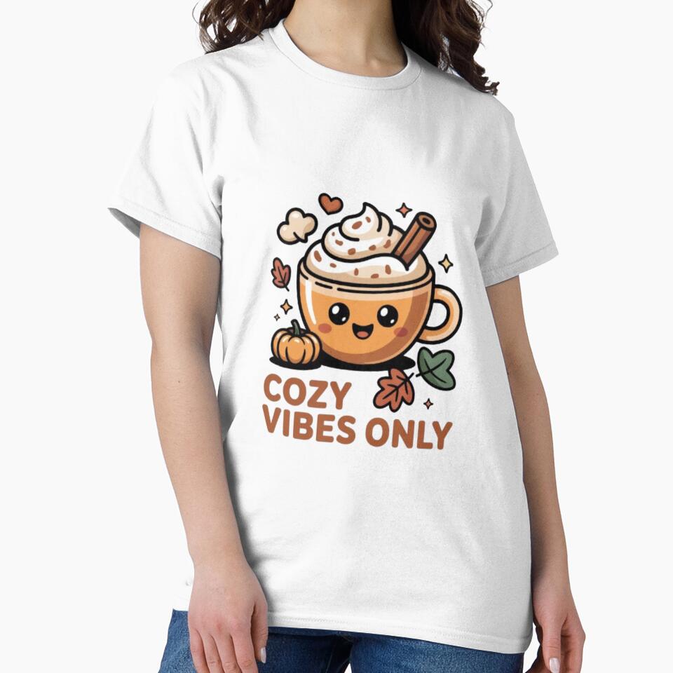 Cozy Vibes Only Autumn Coffee T-Shirt & Sticker – Cute Kawaii Pumpkin Spice Design for Fall Lovers by GemBob Creations