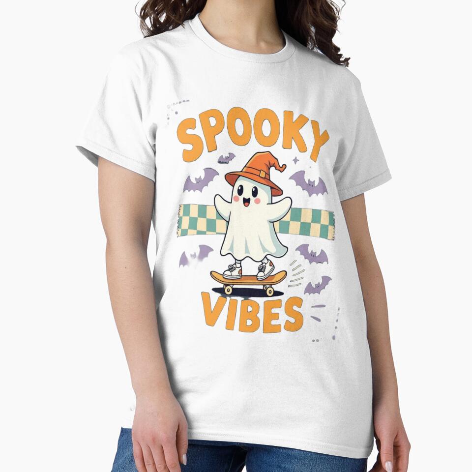 Cute Ghost Skater "Spooky Vibes" Halloween Graphic Design by ArtistryNetix