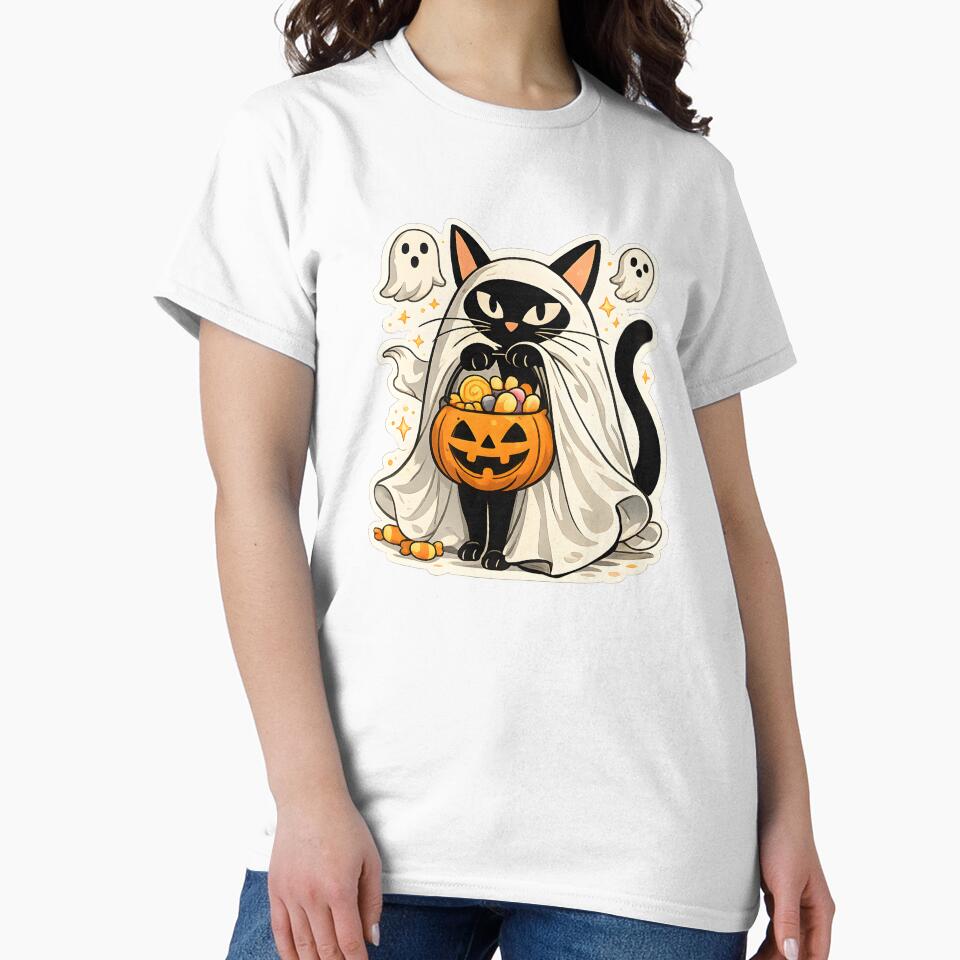 Ghost Cat Trick or Treat – Spooky Black Cat Halloween Costume Candy Pumpkin Gift by Artycom