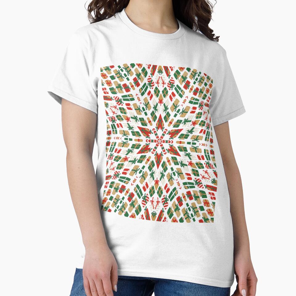 Retro Christmas Kaleidoscope with Red Green Gold Christmas Presents Gifts on Yellow Background by ShajenDesigns