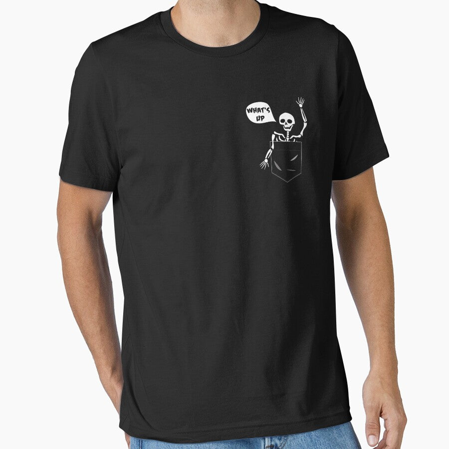 Funny pocket cute skeleton black unisex t-shirt by ayoubworld