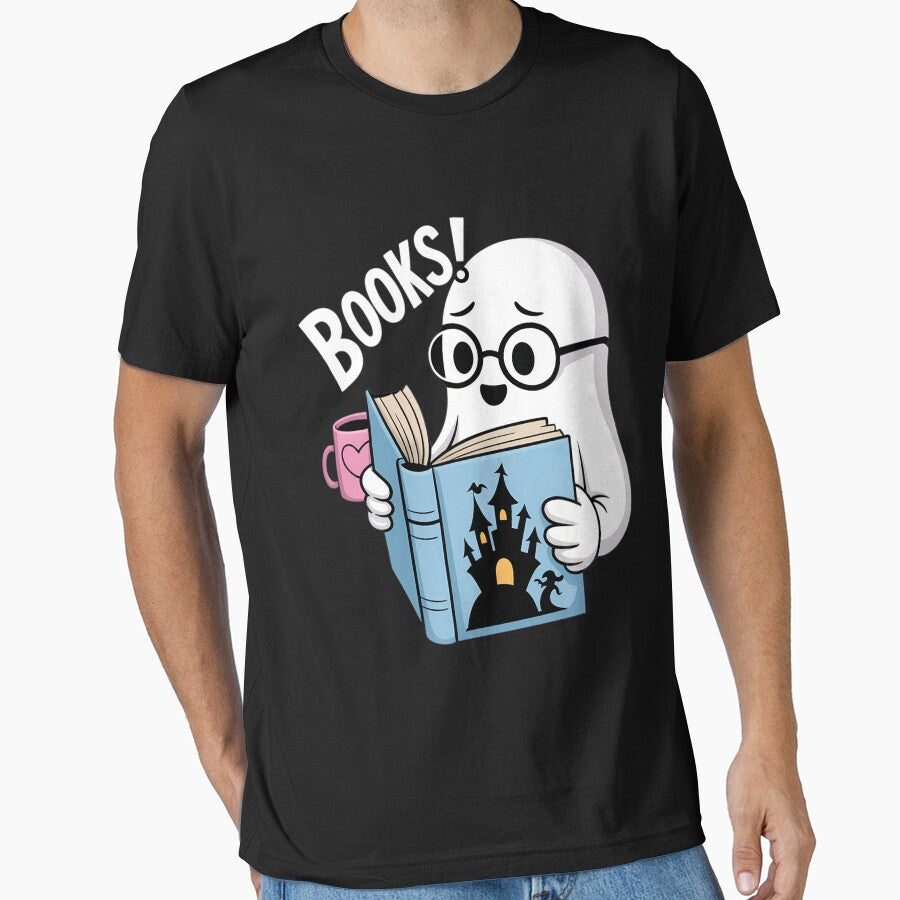 Booooks Funny Halloween Ghost Reading Book with a Coffee Cup by WalshDrawnLaugh