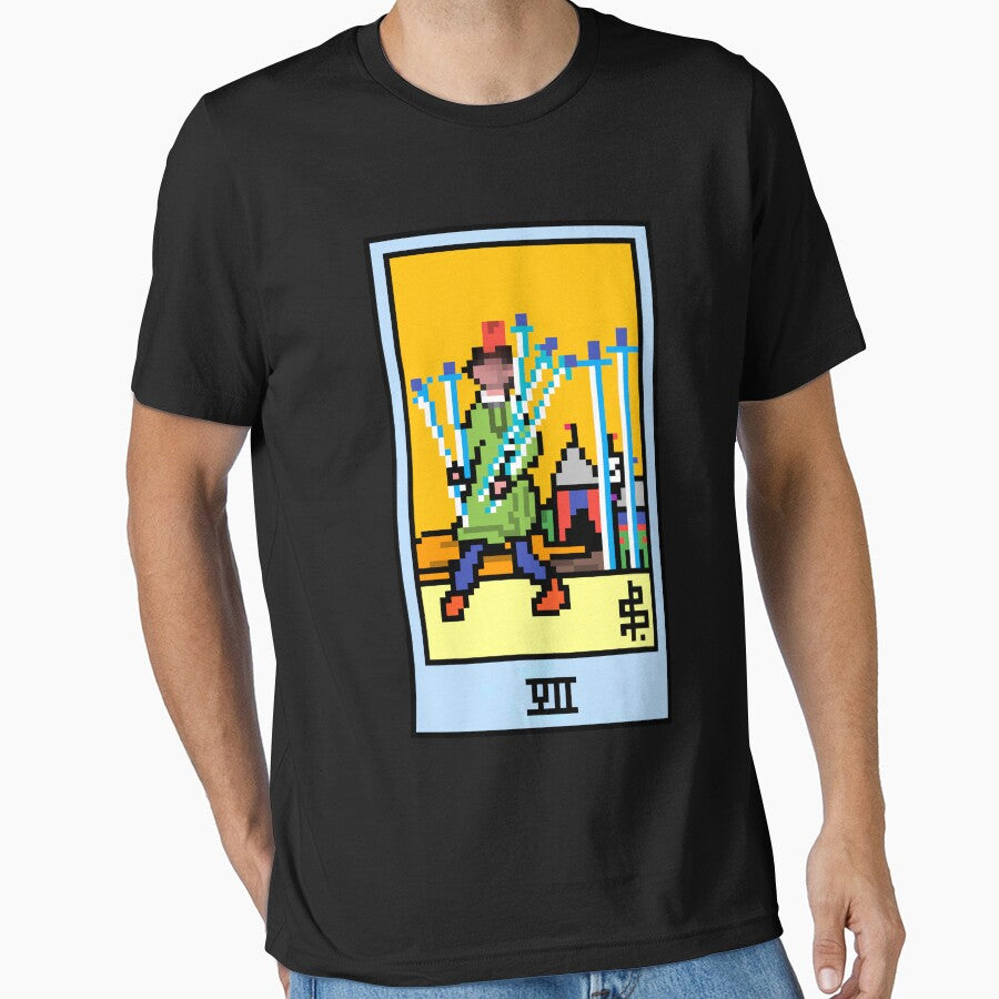 Wait, is this pixel art tarot? Black - Minor Arcana 'Seven of Swords' (Design for T-shirt, stickers and other accessories) by Pixel Waite