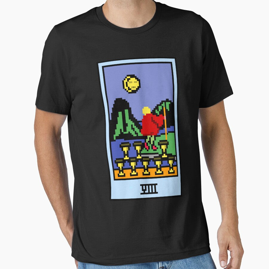Wait, is this pixel art tarot? Black - Minor Arcana 'Eight of Cups' (Design for T-shirt, stickers and other accessories) by Pixel Waite