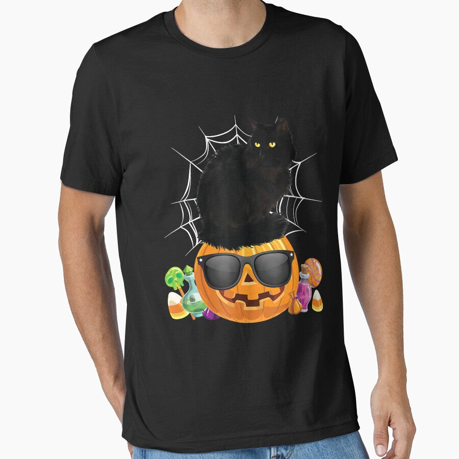 Black Cat Halloween Pumpkin Jack O' Lantern T-Shirt by GrahamWalsh