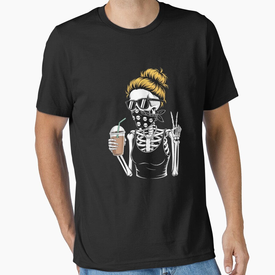Skeleton Girl Drinking Coffee Peace Sign by NetoGalaxy