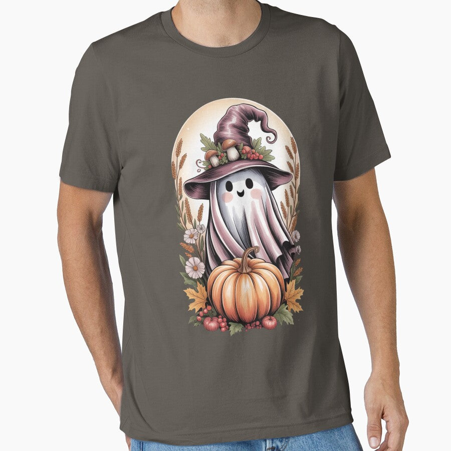 Copy of Whimsical Autumn Ghost with Pumpkin and Woodland Flowers – Cozy Fall Illustration T-shirt , sticker by 5CatDesign