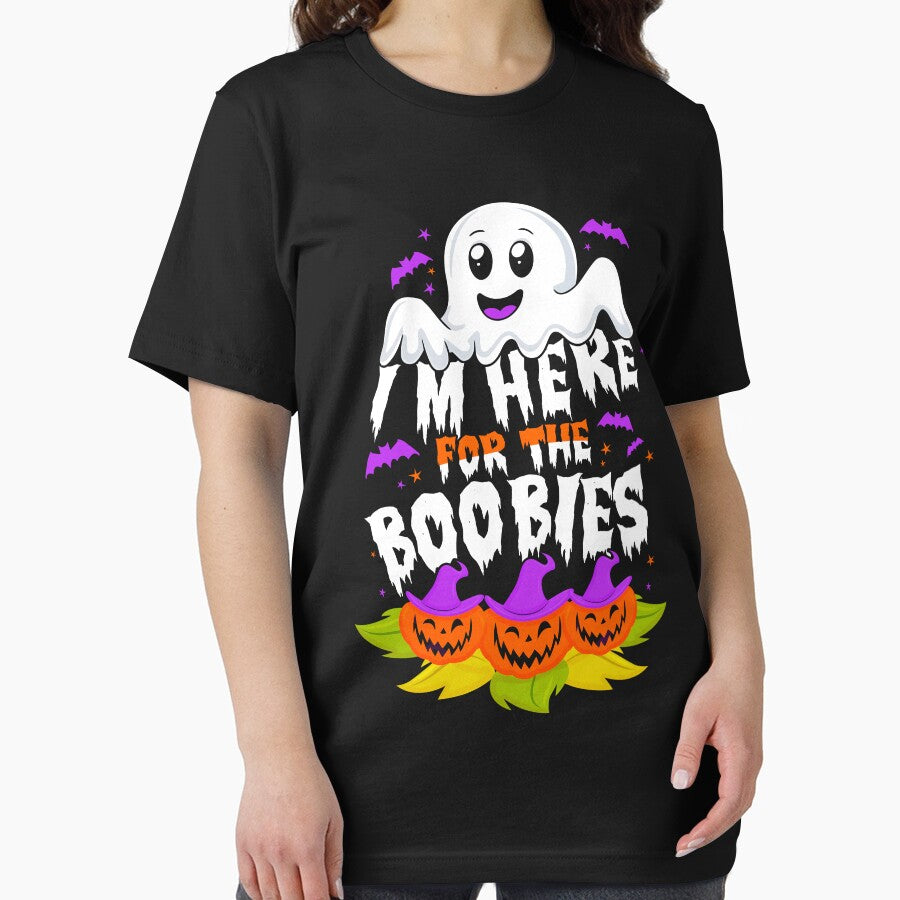 I’m Here for the Boobies Humorous Fun Halloween Ghost Pun Tee for Adults by BongsEmporium