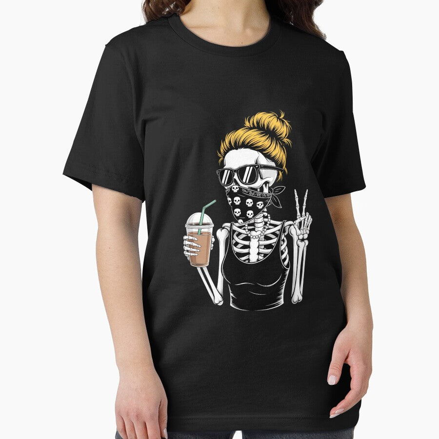Skeleton Girl Drinking Coffee Peace Sign by NetoGalaxy