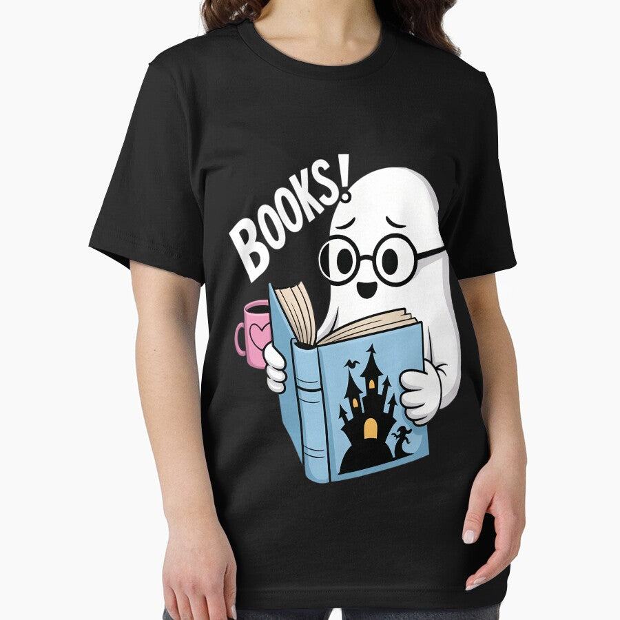 Booooks Funny Halloween Ghost Reading Book with a Coffee Cup by WalshDrawnLaugh