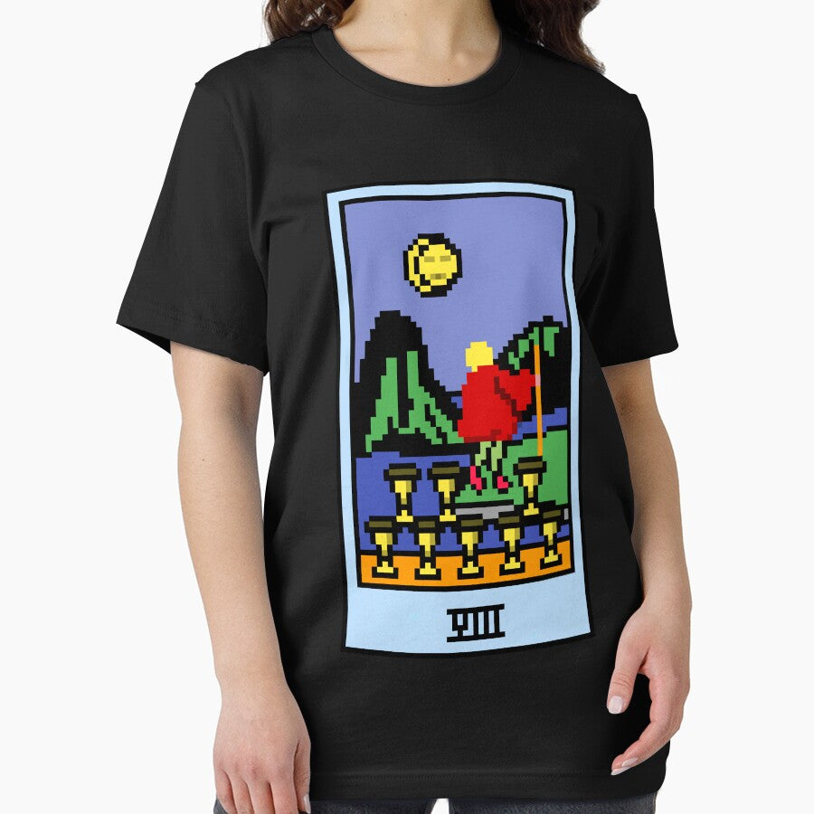 Wait, is this pixel art tarot? Black - Minor Arcana 'Eight of Cups' (Design for T-shirt, stickers and other accessories) by Pixel Waite