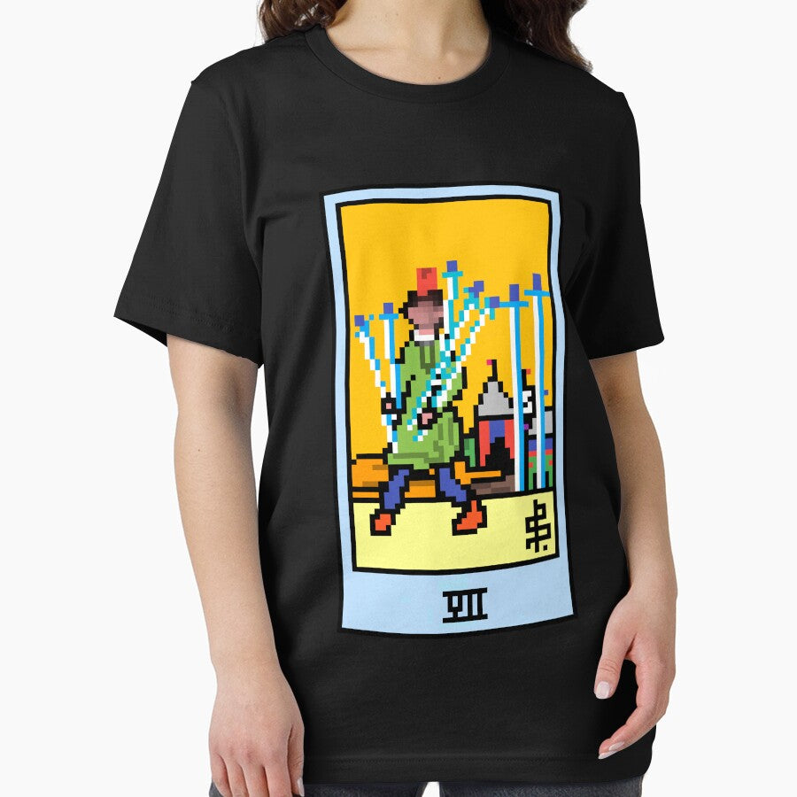 Wait, is this pixel art tarot? Black - Minor Arcana 'Seven of Swords' (Design for T-shirt, stickers and other accessories) by Pixel Waite