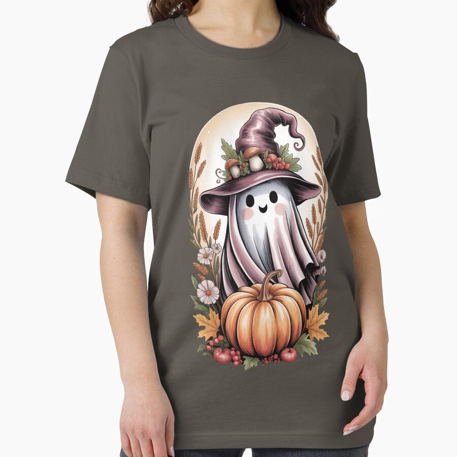 Copy of Whimsical Autumn Ghost with Pumpkin and Woodland Flowers – Cozy Fall Illustration T-shirt , sticker by 5CatDesign