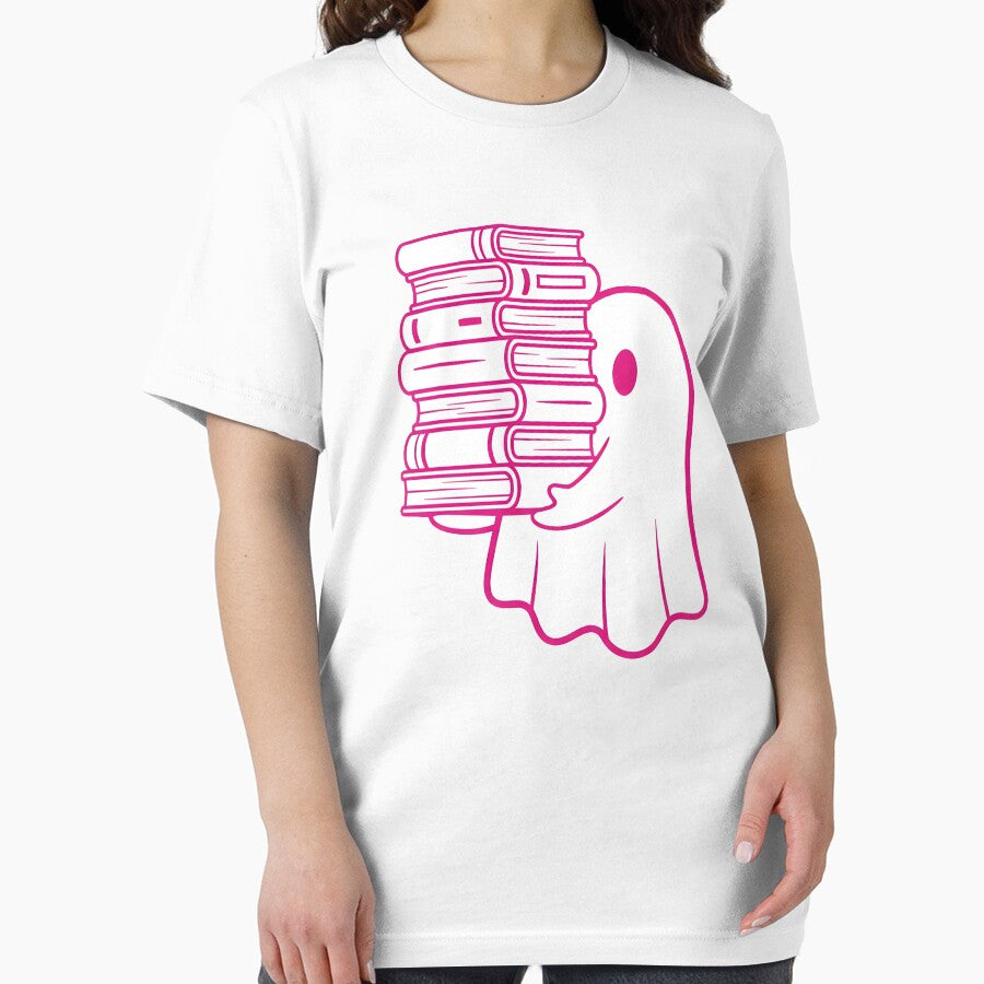 Minimal Cute Ghost with Books – Pink Spooky Academic Design by DamianRoy88