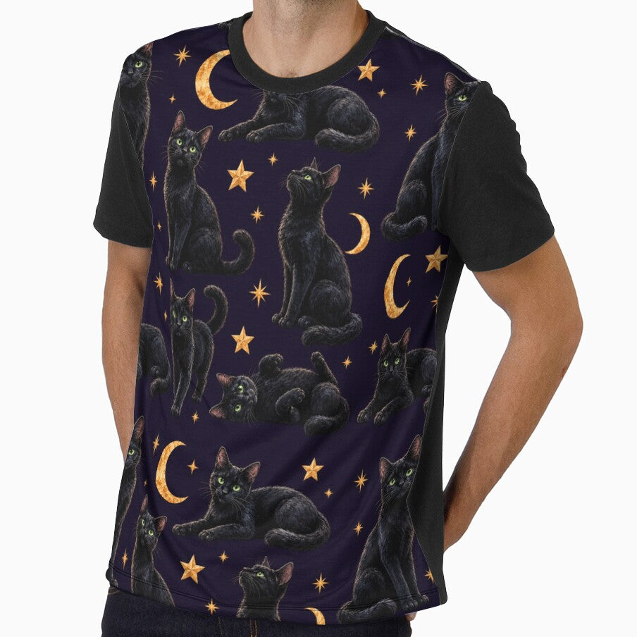 Black Cat Watercolor Moon Stars Seamless Pattern by Inkworksbyshery