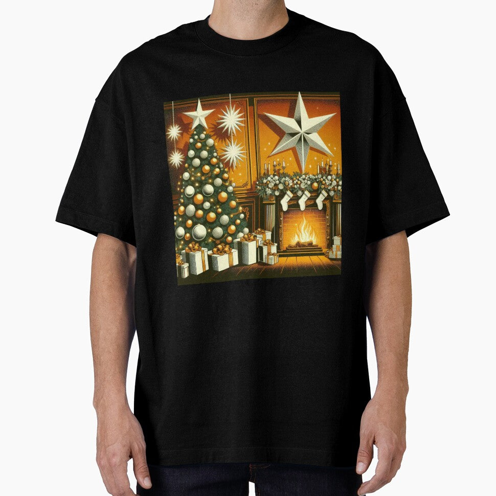 Christmas Vintage Gilded Christmas tree and fireplace and gold star,Christmas tree,christmas retro,Christmas Vintage by Expressions-Sel