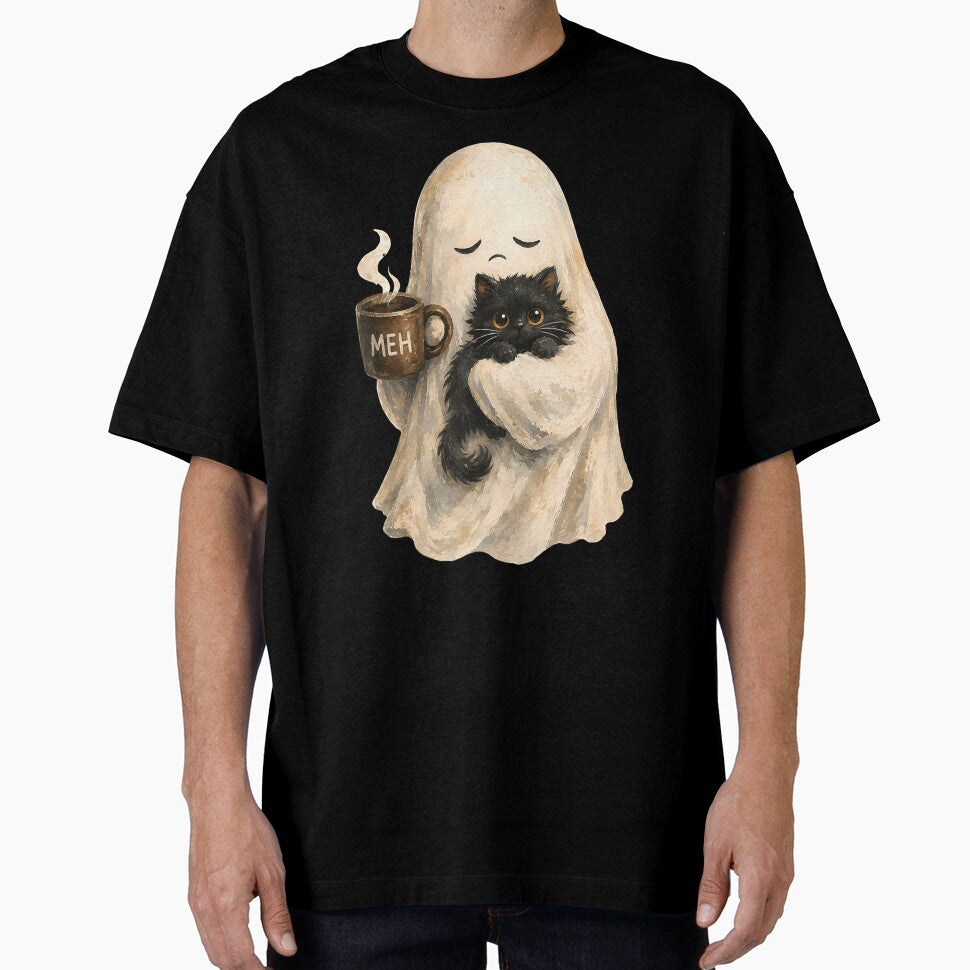 Cozy Ghost Hugging Black Cat with Coffee Halloween by VioletNance