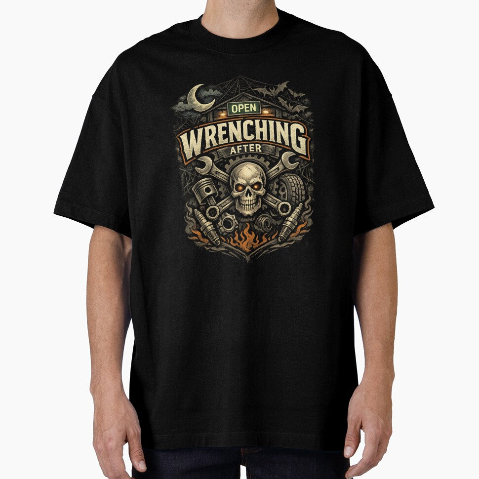 Wrenching After Dark Halloween Mechanic Skull Vintage Garage Design by BankshopTH