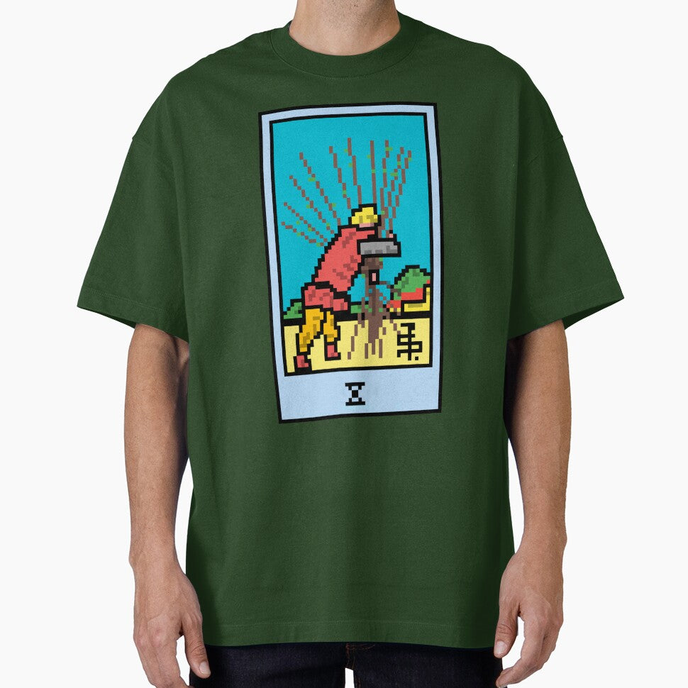 Wait, is this pixel art tarot? Green - Minor Arcana 'Ten of Wands' (Design for T-shirt, stickers and other accessories) by Pixel Waite