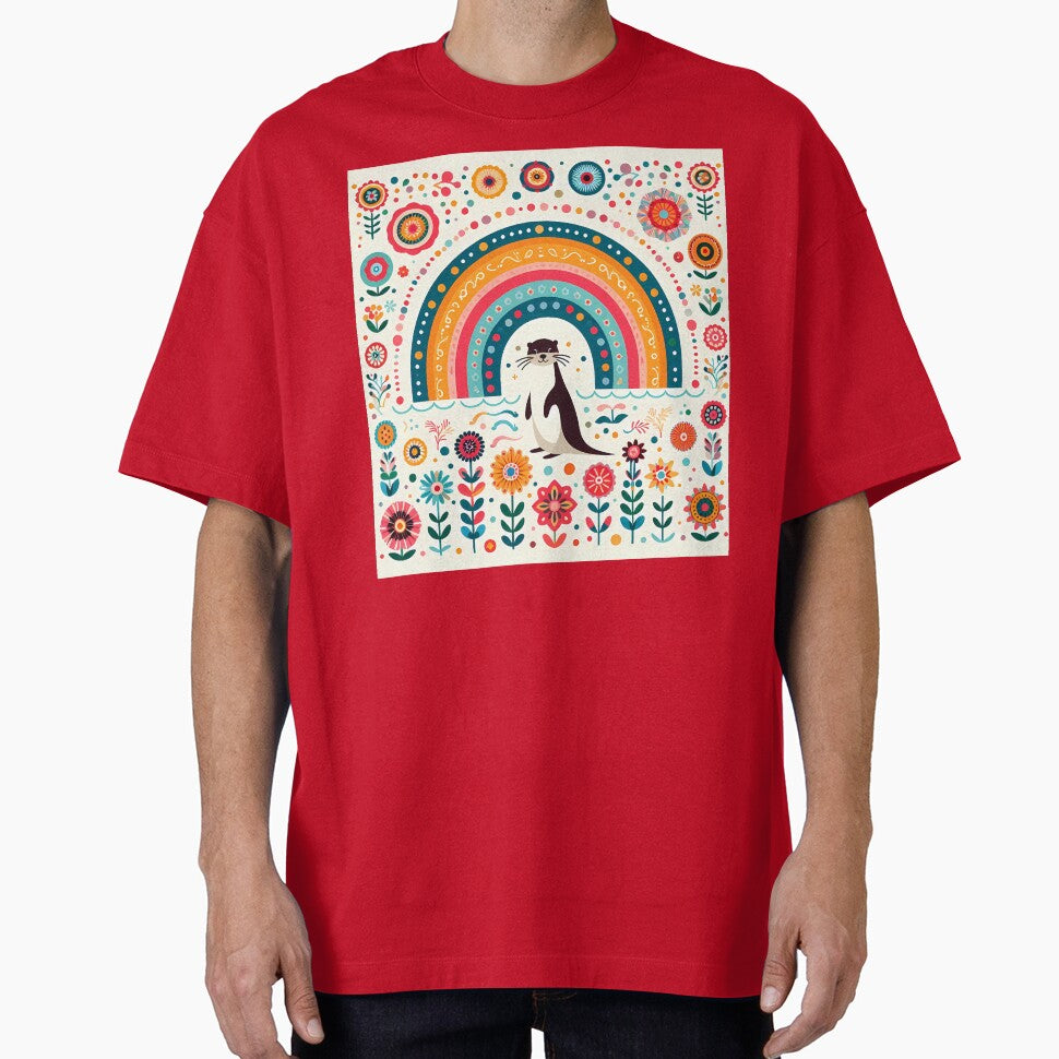 Otter Under Rainbow with Floral Motifs – Scandinavian Folk Art by heidiannemorris © by FOLK ART FUSION