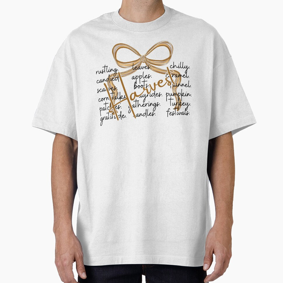 Harvest Word Art – Minimal Fall Design with Autumn Keywords and Gold Ribbon Bow by baucestudio
