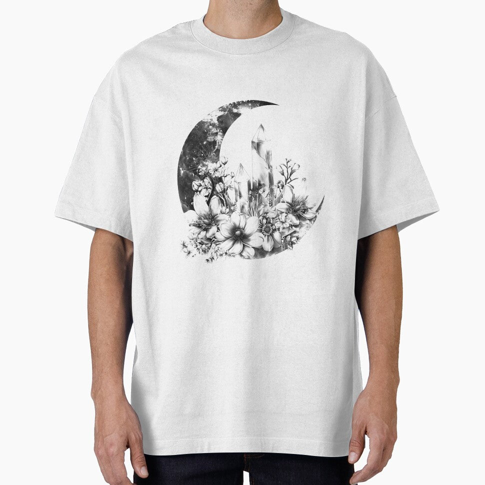 Crystal Moon Garden – Floral Crescent Moon with Quartz (Black & White) by inkoutninja