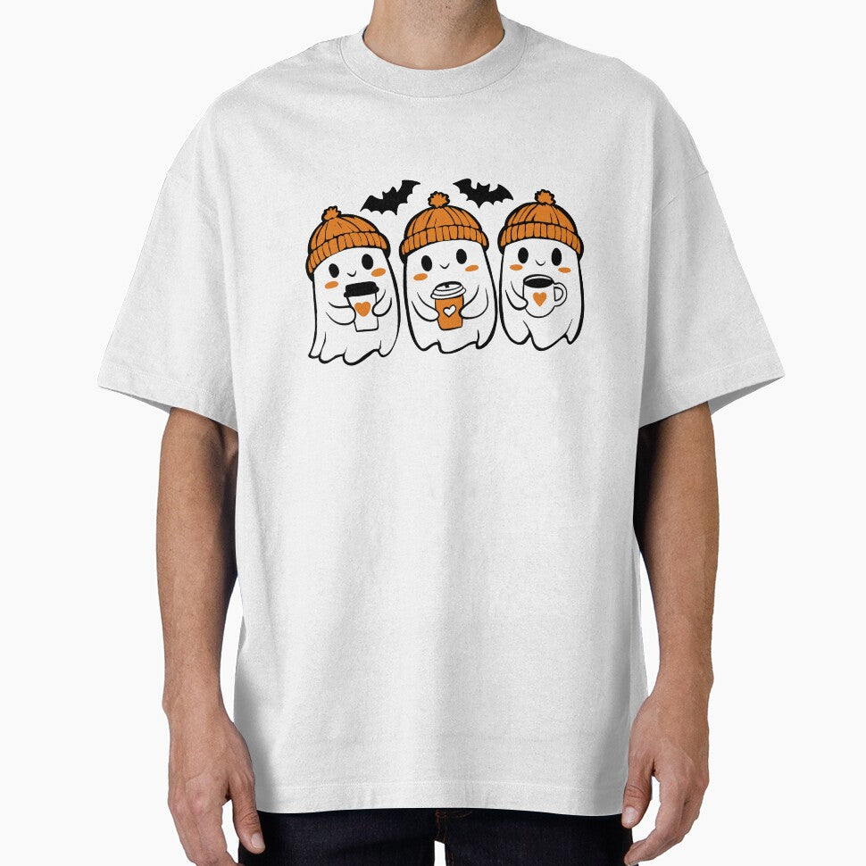 Cute Ghosts Drinking Coffee with Orange Beanies — Spooky Autumn Halloween Sticker by LYAN-STORE