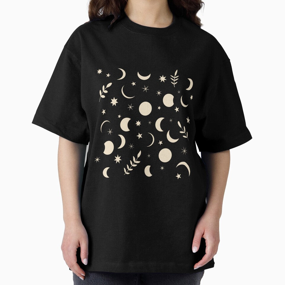 Boho Moon Phases Pattern with leaves and tiny stars  on  Orange Background by Yasminepatterns